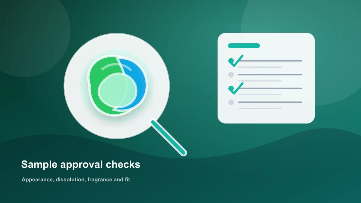 Laundry pod sample approval checks with product sample and inspection notes